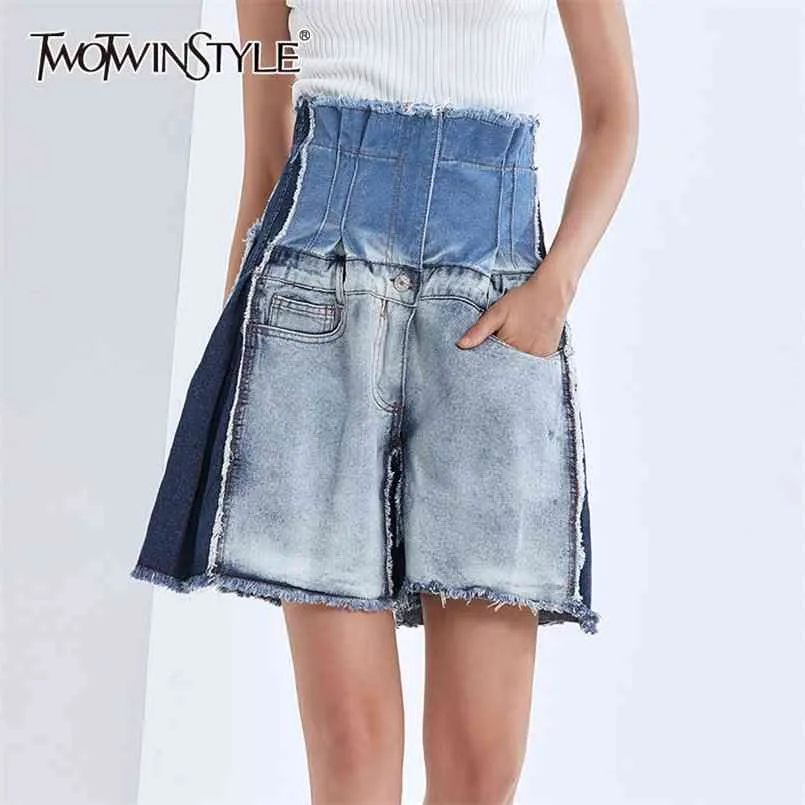 Patchwork Tassel Hit Color Wide Leg Short For Women High Waist Casual Shorts Female Summer Fashion Style 210521