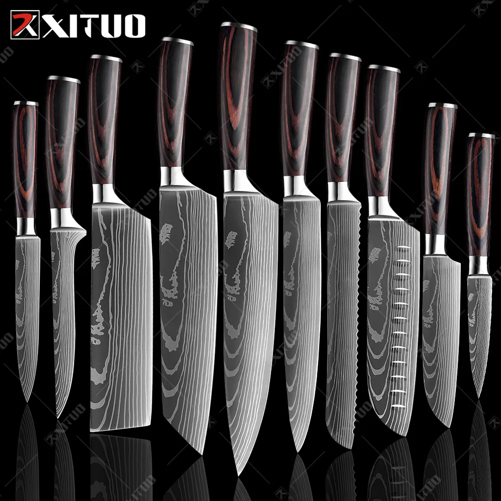 Vendita di coltelli da chef Set Coltelli da cucina modello Damasco laser Coltelli da cucina affilati Coltello Santoku giapponese Mannaia Coltello multiuso per affettare Drop shipping Fabbrica all'ingrosso