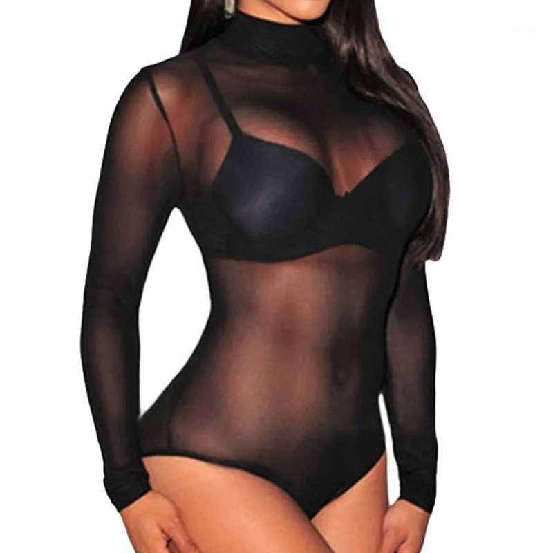 Sexy See-Through Jumpsuit Women Mesh Turtleneck Bodysuits Long Sleeve Black Khaki Tops Transparent Solid Skinny Female Rompers Women's Jumps