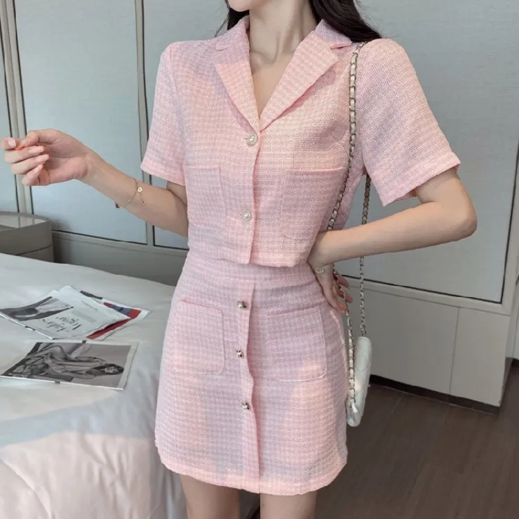 Sommer Zweiteilige Sets Vintage Frauen Süße Rosa Tweed Kurzarm Crop Top + Mini A-Linie Rock Outfits Weibliche 210518