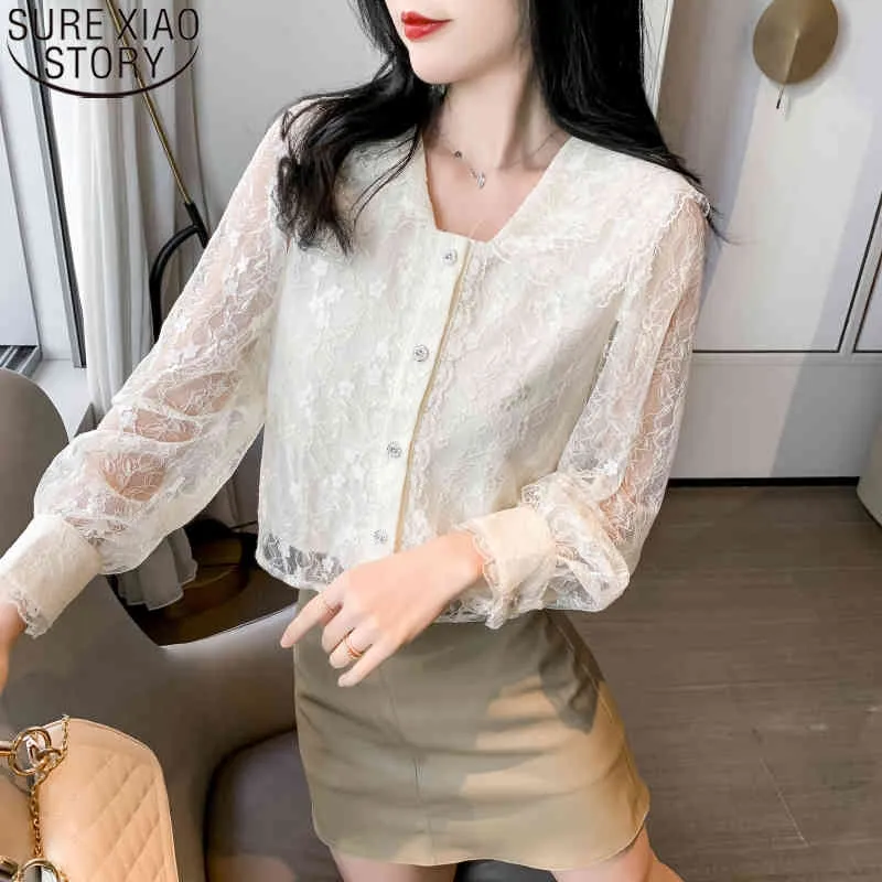 Spring Mesh Hollow Out Blouses Embroidered Lace Blouse French Style Sweet Shirt Women Fashion V-neck Collar Tops 13212 210417