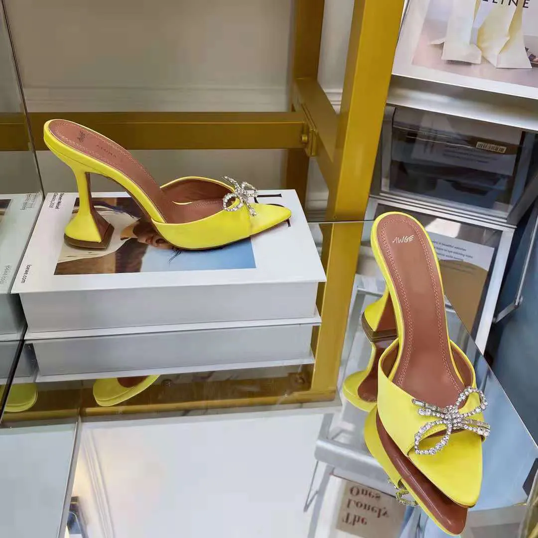 Yellow Satin Amina Italy Muaddi Mules Slippers 95mm Crystal-embellished Pyramid Heel Shoes