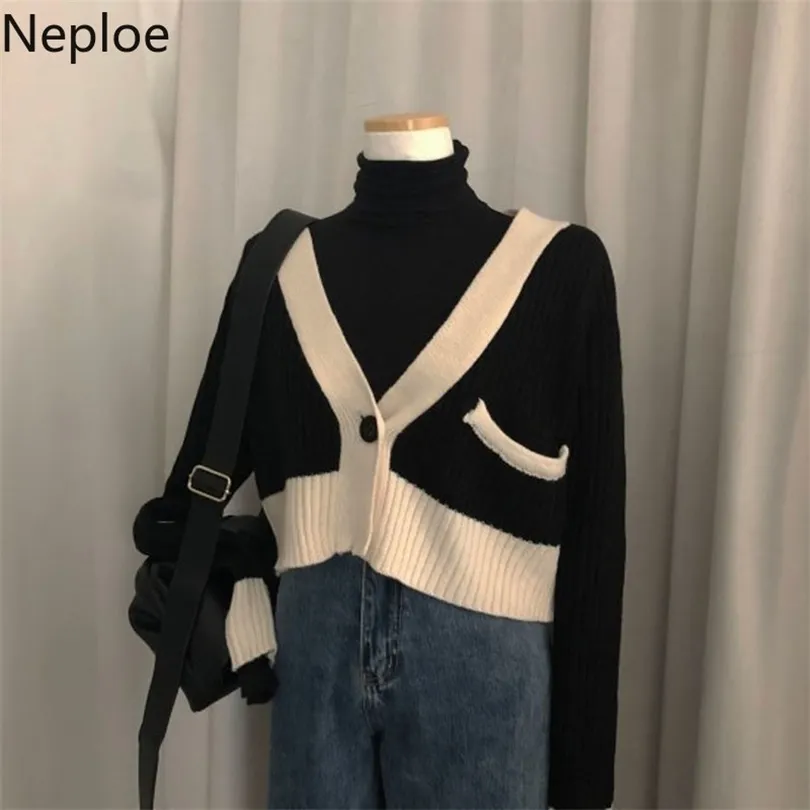 Neploe Autumn Hong Kong Style Casual Ladies Cardigan Long Sleeve Retro V-neck Knitted Sweater Chic Fashion Top Women 1F434 210922
