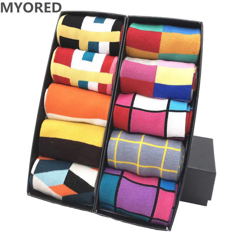 MYORED mens casual sokken four seasons plaid banquet business socks for men causal dress wedding gift 210727