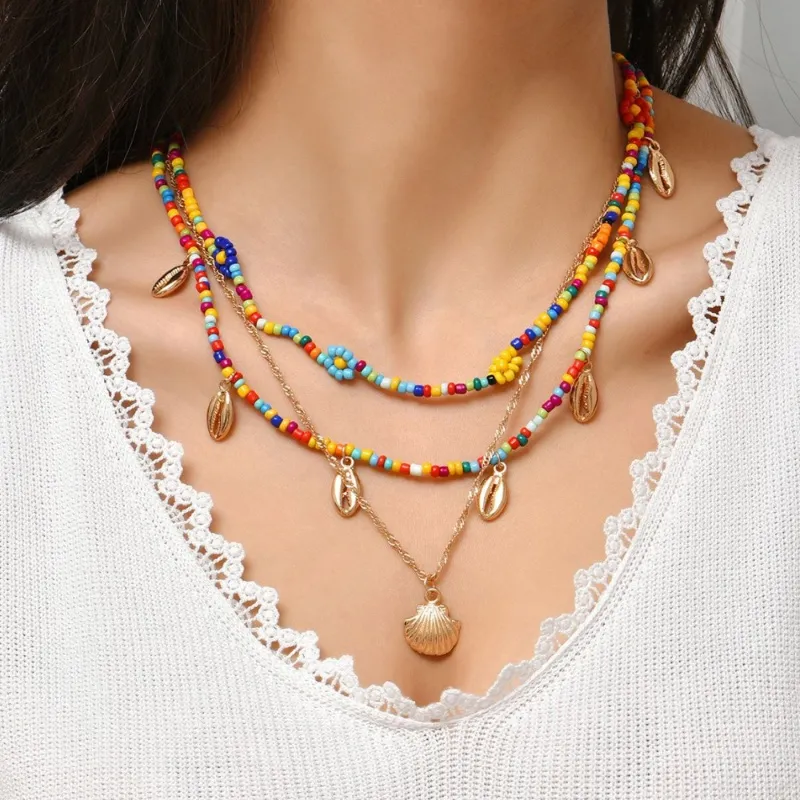 Rainbow Rice Bead Necklaces Creative Flower Multilayer Bohemia