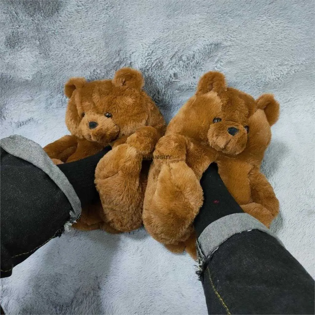 Teddy Bear women christmas Gift plush slippers Cartoon Cute Bear House Slipper Furry Faux Fur Slides Woman Furry Flip Flop Shoes Y0902