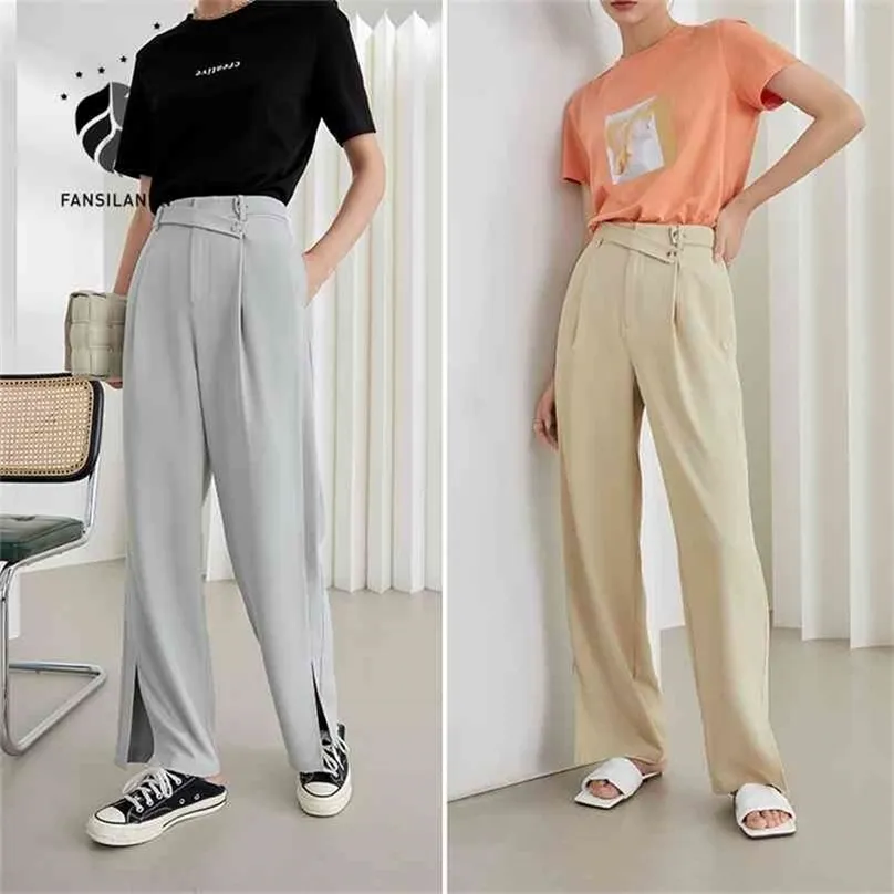 Fansilanen Office Lady Drape Wide-Leg Pant Summer Tunn High-Waist Suit Loose Right-Ben Casual 210915