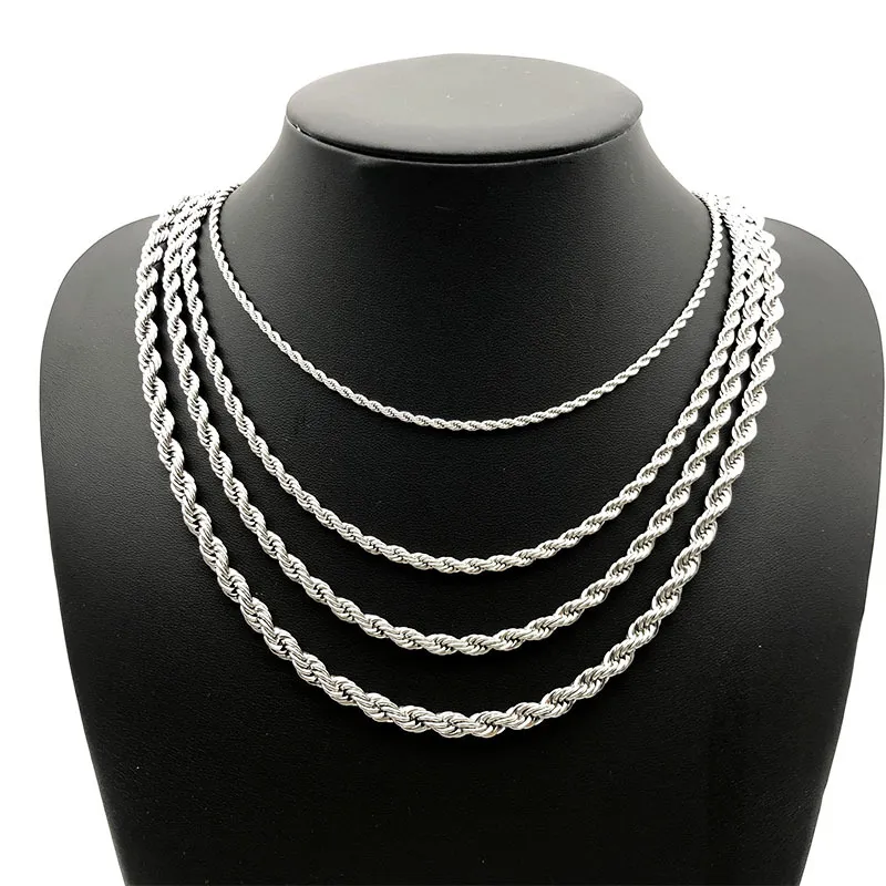 Roestvrijstalen touwketting ketting 2-5 mm vervagen nooit waterdichte choker kettingen mannen vrouwen draai hiphop sieraden 316L zilveren ketens geschenken 18-24 inch ykza