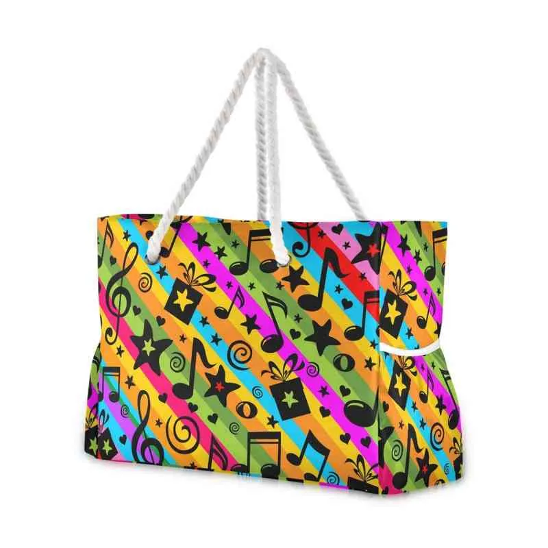 Shoppingkassar Mode Casual Women Beach Bagrainbow Musik Noter Mönster Nylon Väska För Girls Ladies Messenger Shoulder Bag Kvinna Tote Sac 220310