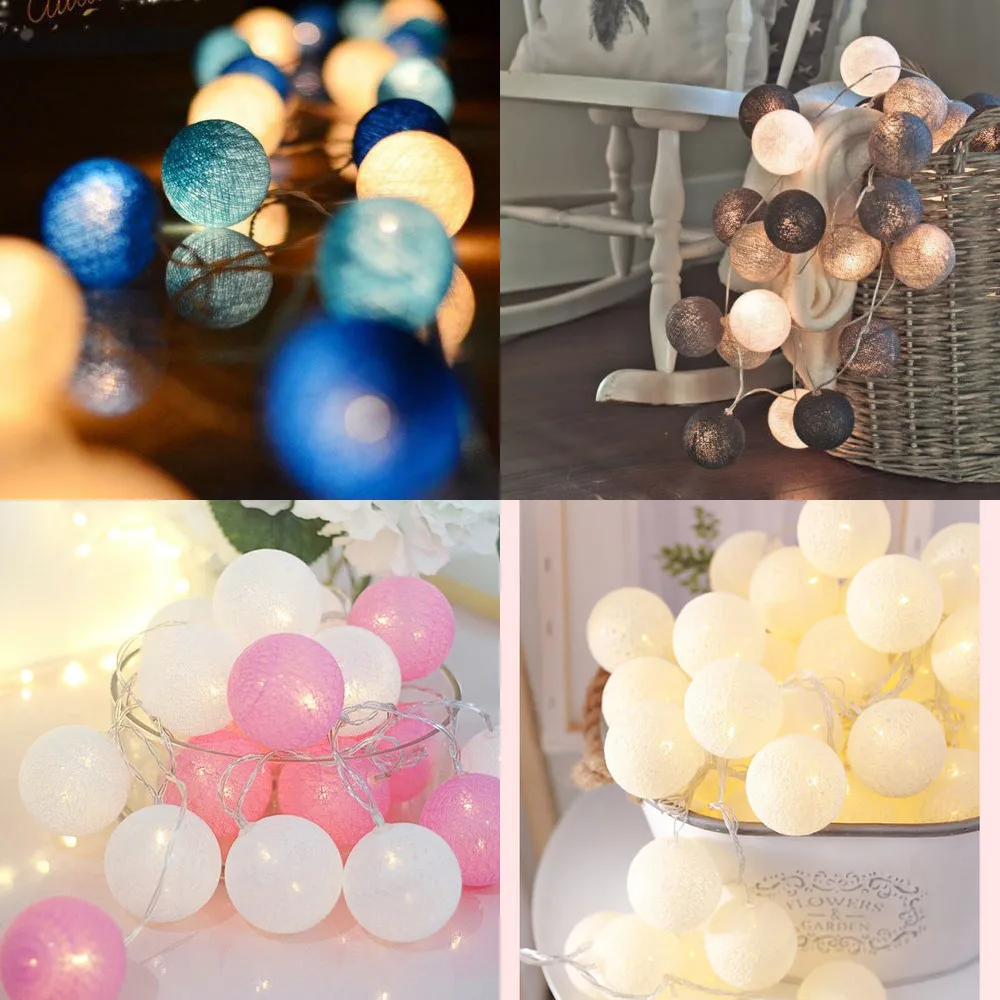 2m 10 LED Cotton Ball Garland Lights String Jul Xmas Utomhus Holiday Bröllopsfest Baby Bed Fairy Lights Dekorationer Y0720