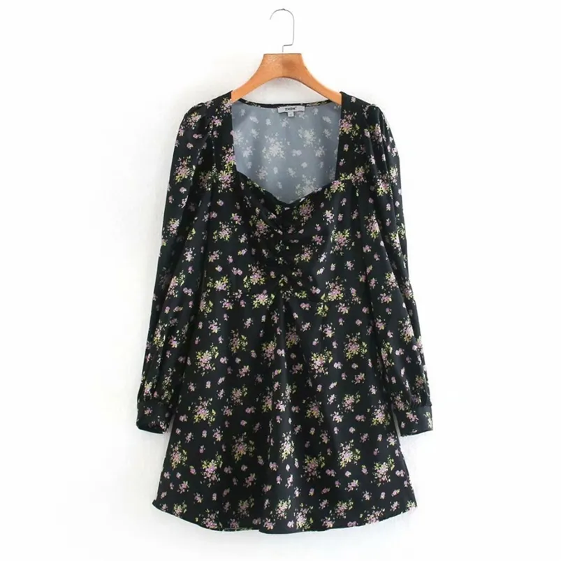 Verão Vintage Mulheres Mini Vestido Manga Longa Floral Impressão Slim A-Linha Es Feminino Elegante Roupas Casuais Vestidos 210513