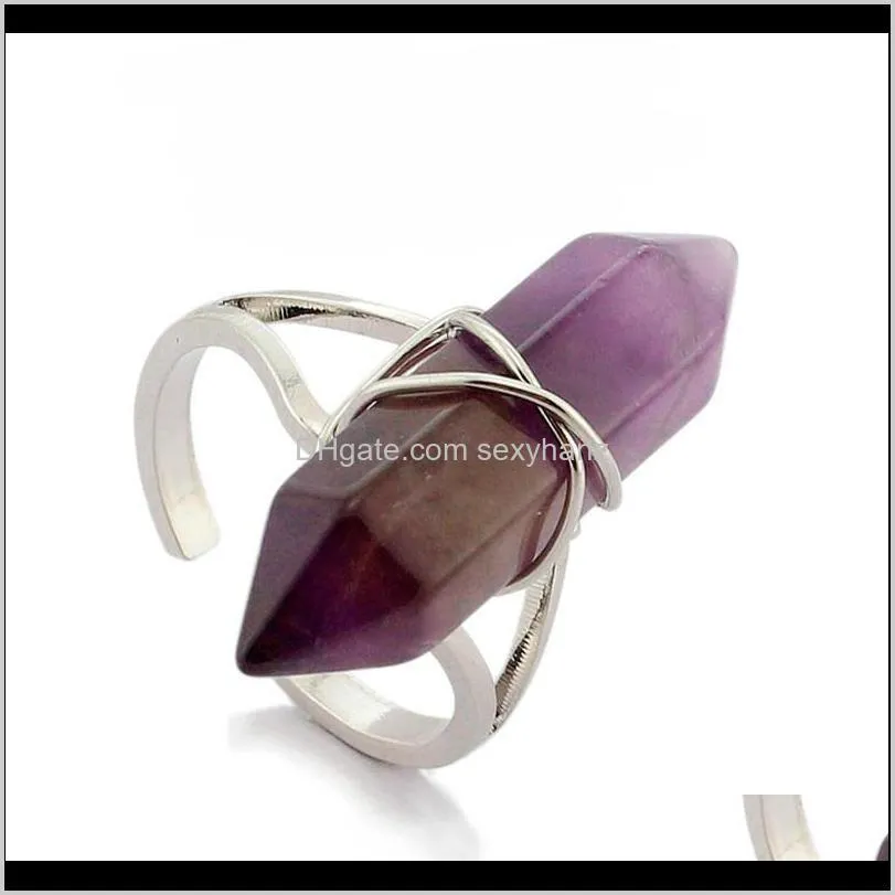 wholesale hexagonal prism rings gemstone rock natural crystal quartz healing point chakra stone charms opening ring for women men designer