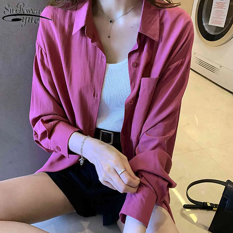 Autumn Office Lady Loose Shirt Korean Fashion Long Sleeve Women Solid POLO Collar Cardigan Casual Blouses Tops 10934 210427