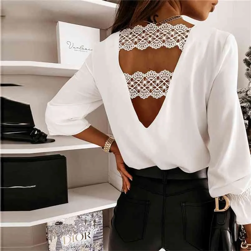 Autumn Lace Patchwork Backless Blouse Women Sexy V Neck Long Sleeve Casual Party Shirts Elegant Office Lady Loose Tops Plus Size 210522