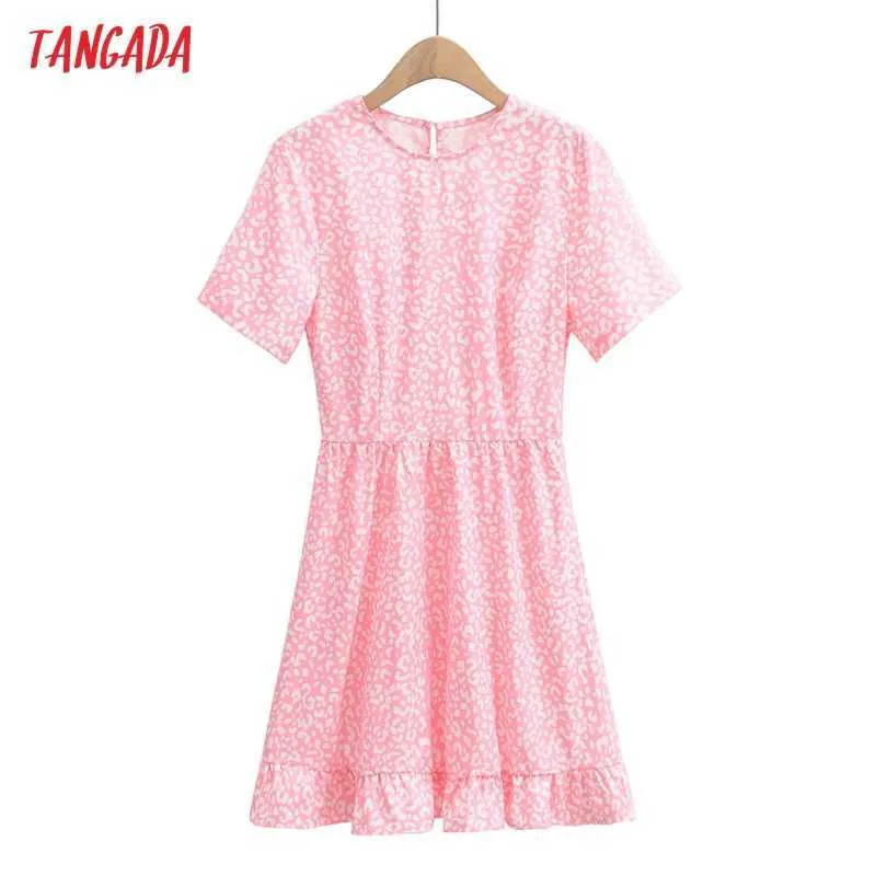 Tangada Summer Women Leopard Print French Style Short Dress Zipper Short Sleeve Ladies Sundress 1F194 210609