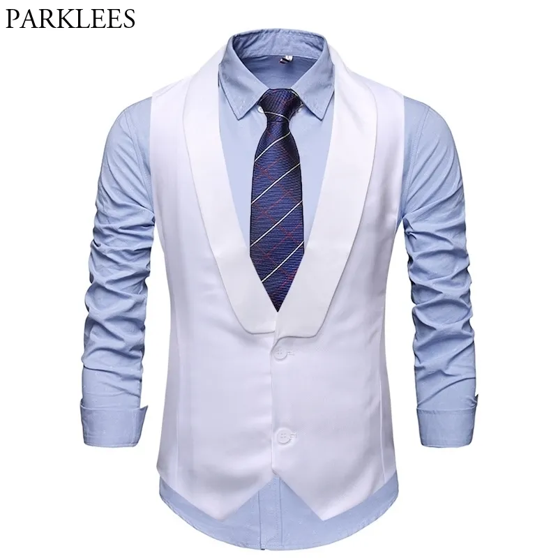 White Shawl Lapel Suit Vest Men Märke Slim Fit Ärmlös Västar Waistcoat Mens Formella Busienss Bröllop Brudgum Tuxedo Gilet 210522