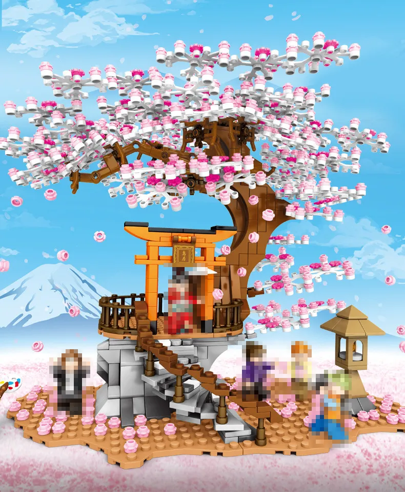 601076 Belysning Japan Cherry Tree Blossom Scene Modell Kit Sakura Japanska Street Building Blocks Toy