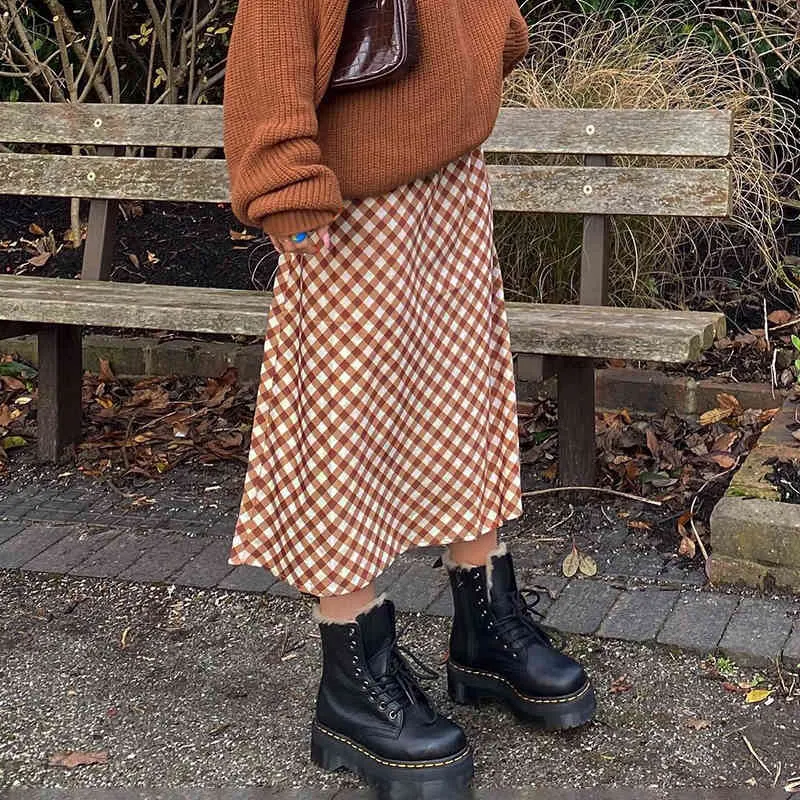 Brown Y2K Jupe longue à carreaux à taille haute Nouvel été Jupes droites en damier de haute qualité pour femmes Vintage Streetwear 210415