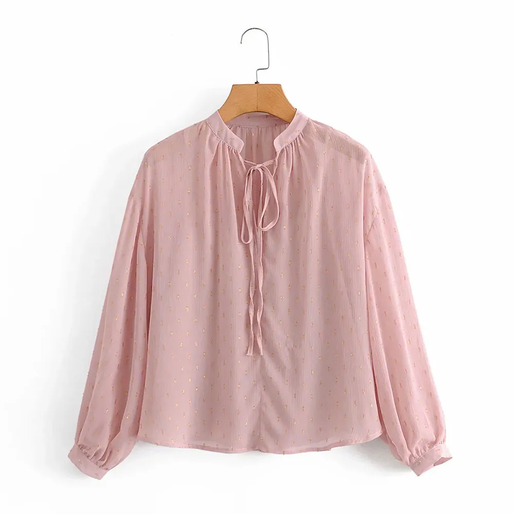 Herbst Mode Button Up Chiffon Hemd Vintage Bluse Frauen Rosa Und Goldene Seidenfaden Dame Lange Ärmel Weibliche Lose Hemd 210520