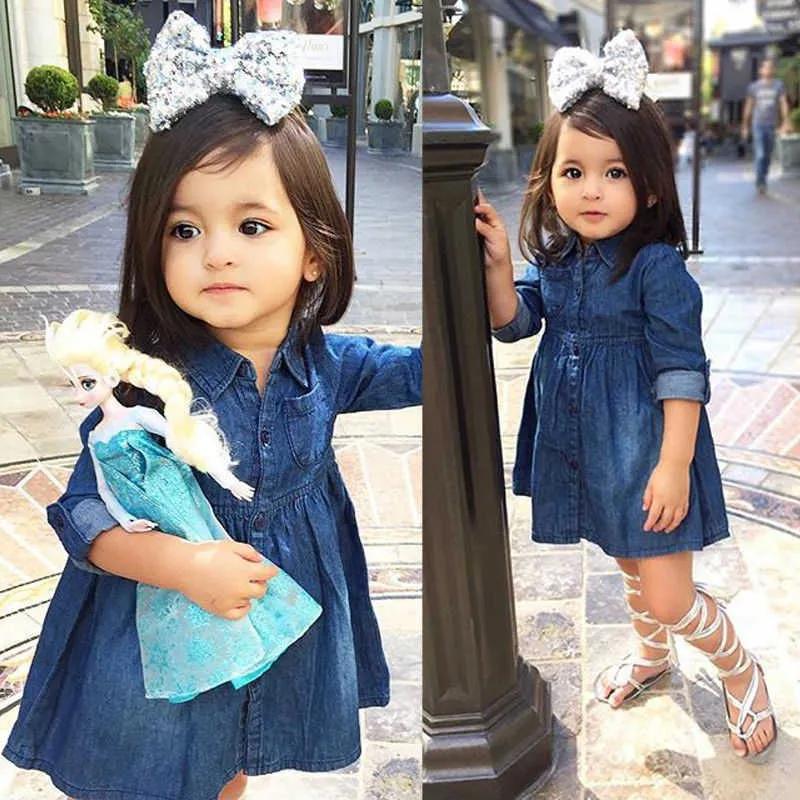 Pudcoco Girl Dress 1Y-5Y Kids Baby Girls Denim Jeans One Picece Princess Dress Långärmad Kostym Q0716