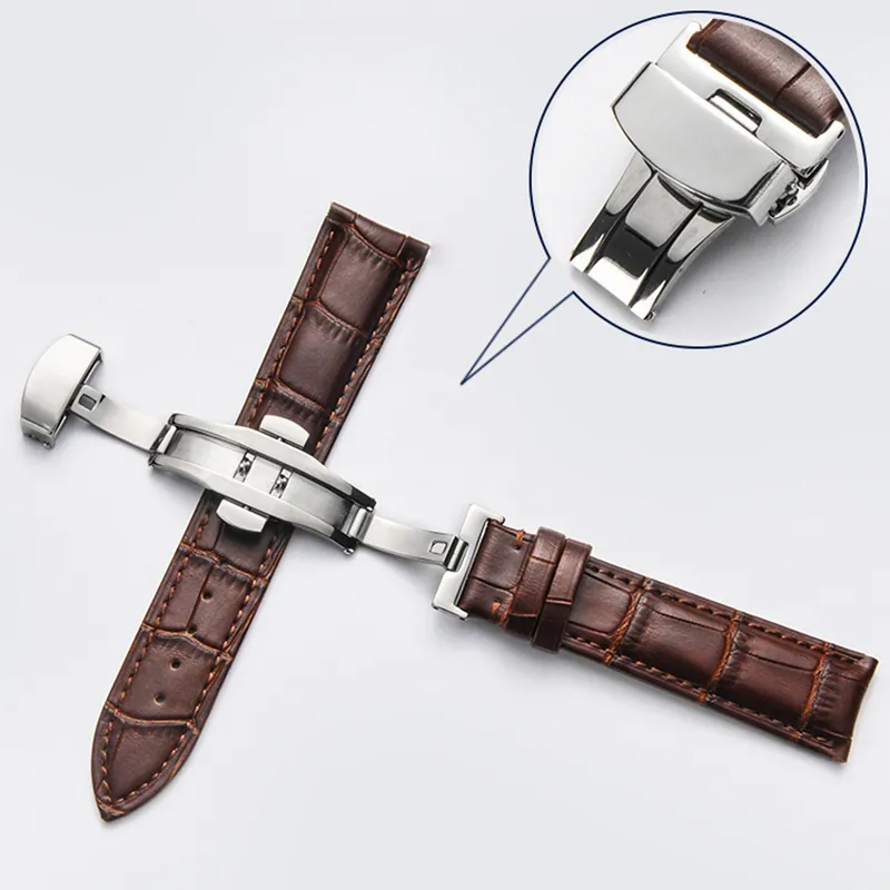 Bandes de qualité universelles adaptées pour bracelet ROLEX Bouton poussoir Fermoir caché Boucle papillon à double pression Montre en cuir Marron 20mm266I275Y