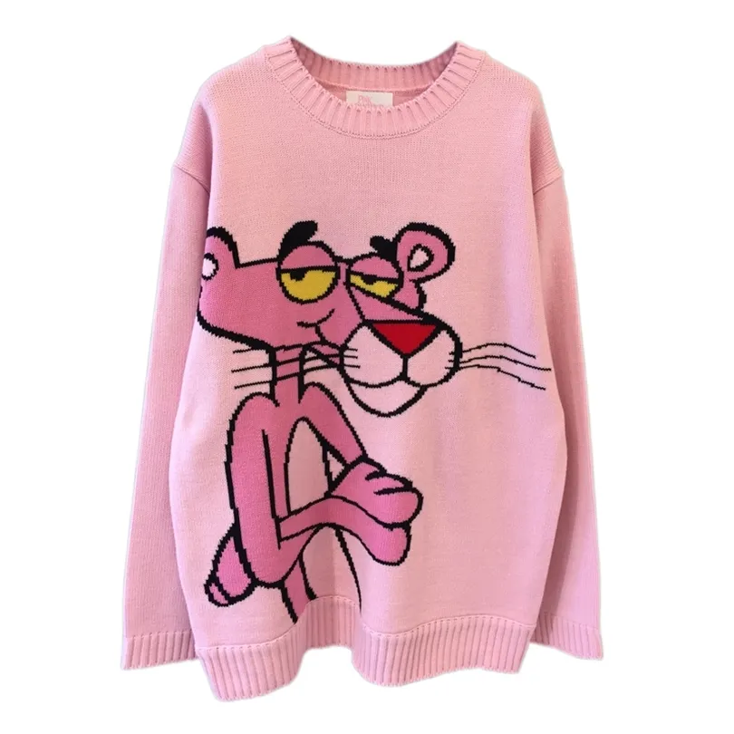 Wiosna Koreański Sweter Cartoon Damskie Loopard Round Neck Casual Pullover Knitting Tops Z006 211018