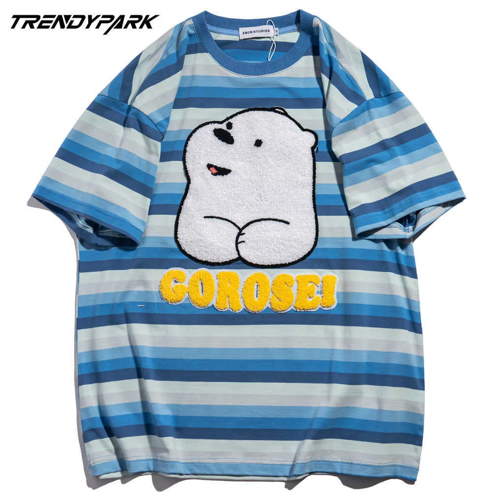 Men Streetwear Striped T-Shirt Embroidery Flocking Bear Print T Shirt Harajuku Cotton Summer Short Sleeve Tshirt Casual Top 210601