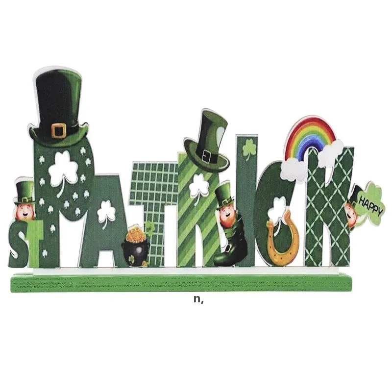 St. Patricks Day Party Table Sign Decoration Lucky Shamrocks Green Truck Wooden Tabletop Home Office Ornaments RRF12757