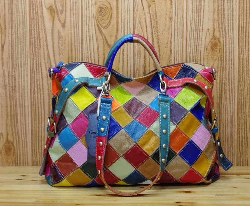 Genuine Leather Women's Casual Design Colorful Handbag Shoulder bag Ladies Color Block Tote bag