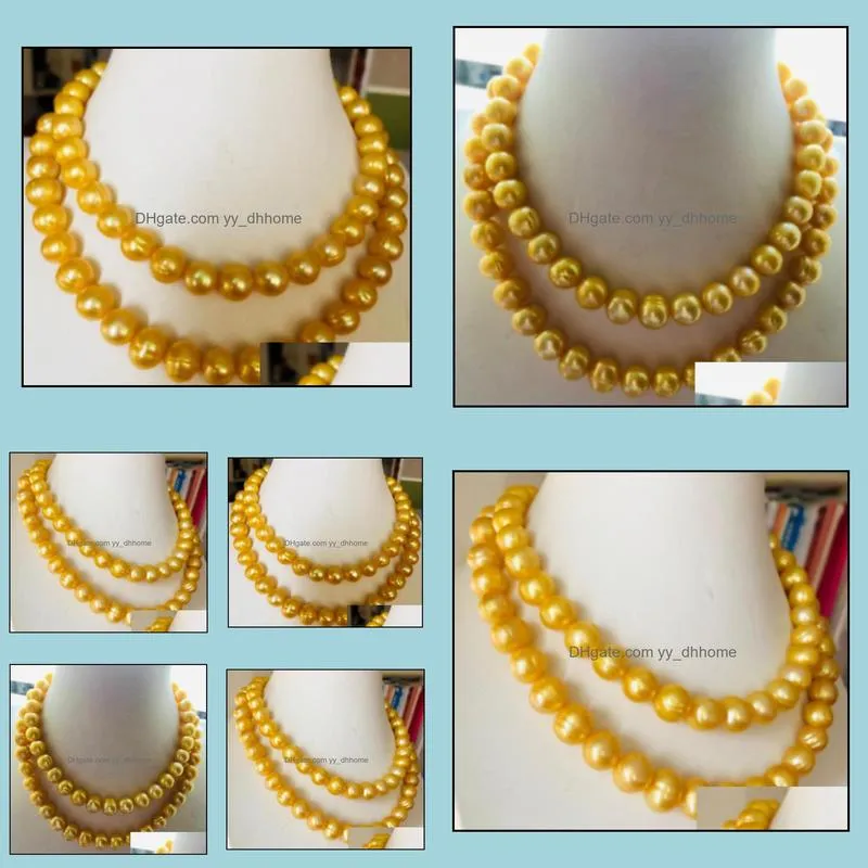 11-12mm Golden Natural Pearl Beaded Necklace 38inch 14k Gold Clasp Women`s Gift Jewelry