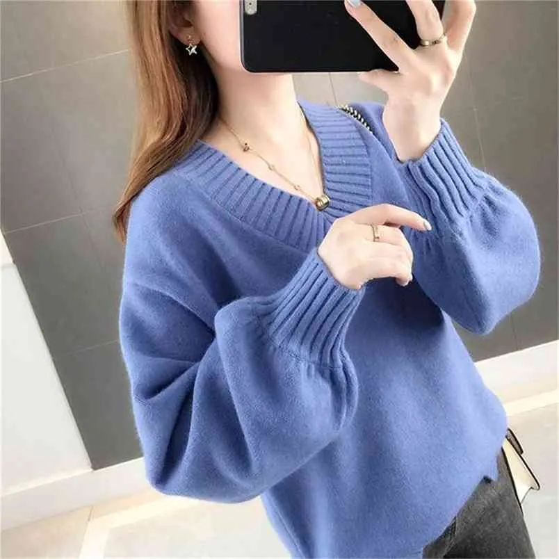 High-quality Core-spun Yarn Thick Autumn And Winter Women's Sweater V-neck Pullover Loose Solid Color 210427