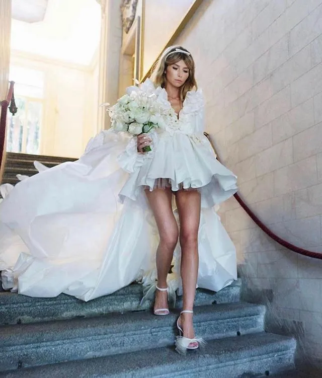 Modern Tiered Ruffled a line wedding with V-Neck and Long Sleeves - Hi Lo Style Modern Tiered Ruffled a line wedding with V-Neck and Long Sleeves - Hi Lo Style