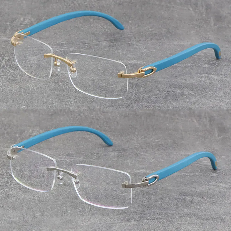 Wholesale Fashion Blue Wooden Metal Rimless Frame Man Woman Square Optical Original 4 Color Wood Eyeglasses 18K Gold Frame glasses 8200757 Luxury designer Eyewear