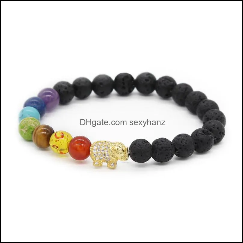 Cz Elephant Charm Bracelet 8mm Lava Stone Beads Chakra Brace & Bangles Yoga Jewelry MBR170326