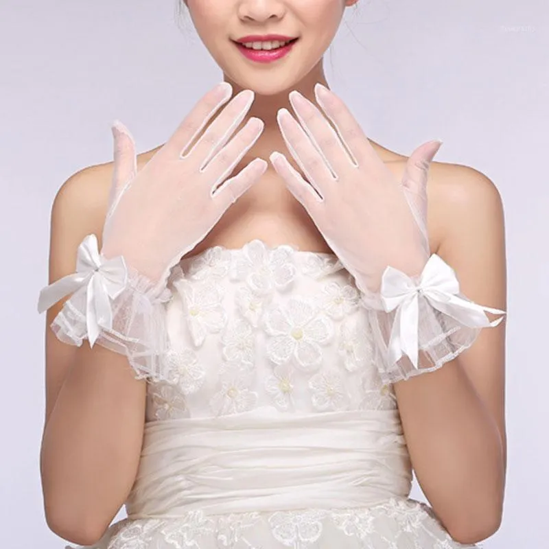 Пять пальцев перчатки с большим луком узел брак перчатки Женщины кружевные сетчатые дамы белые запясть