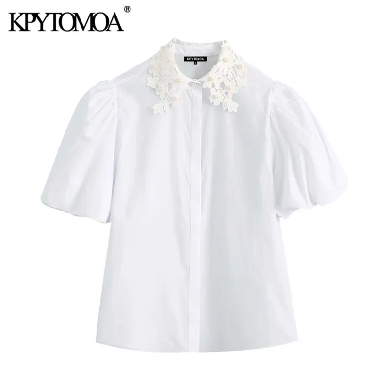 Mulheres Doce Forma Faux Pérola Beading Branco Blusas Lapela Collar Sopro manga Feminina Camisas Chique Tops 210420