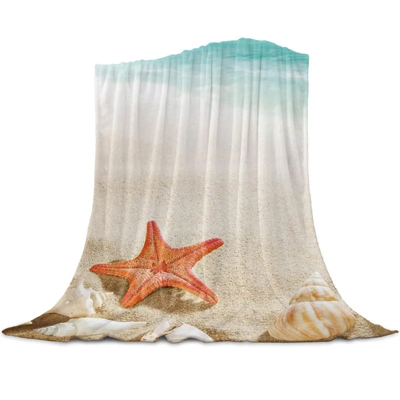 Blanketter Ocean Beach Starfish Shell Printed Flannel för bäddsoffa Sängar Rum Mjuk Fleece Blanket BedsPread Home Textile Dekor