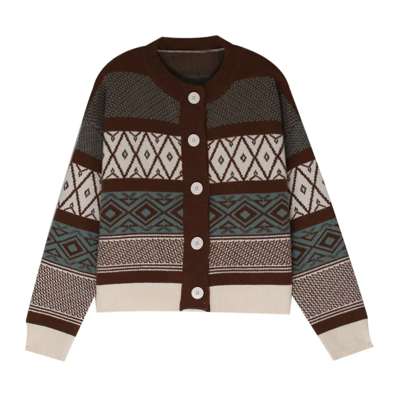 Women Short Thin Sweater Knitted O Neck Crew Cardigan Button Blue Gray Brown Geometric Outwear Autumn M0258 210514