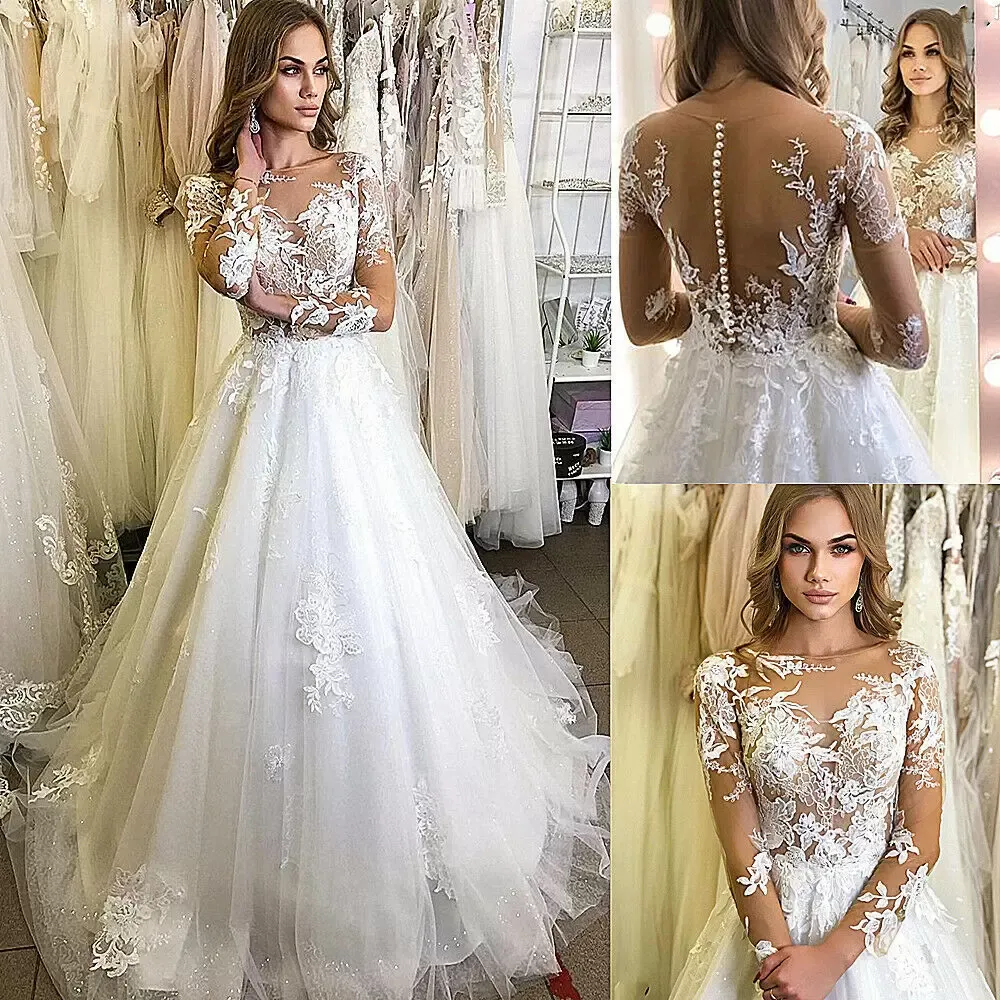 Splendidi abiti da sposa abito da sposa da sposa maniche lunghe a maniche di pizzo applique treno di abiti da festa su misura