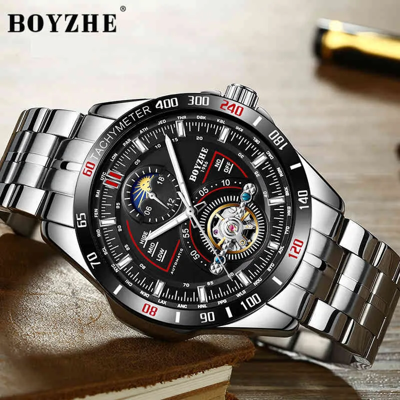 Boyzhe Mens Mecânica Mecânica Moda Top Marca Esportes Relógios de Luxo Tourbillon Moon Fase Aço Inoxidável Relógio Relógio SAAT Y19052103