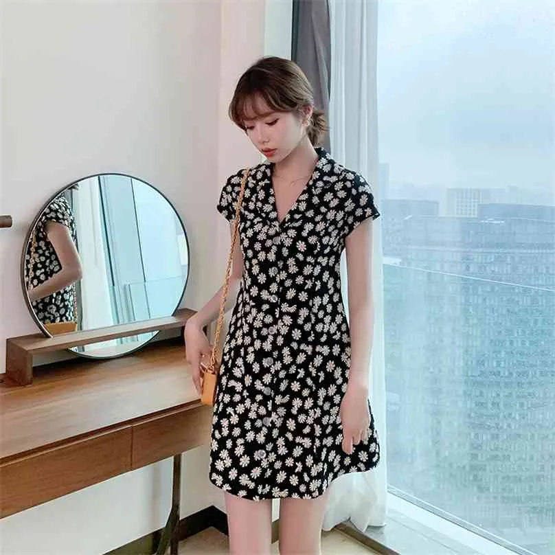 Daisy Mini Dress for women Summer vintage flower V neck polyester Laides Sexy print In Fashion Dresses 210602