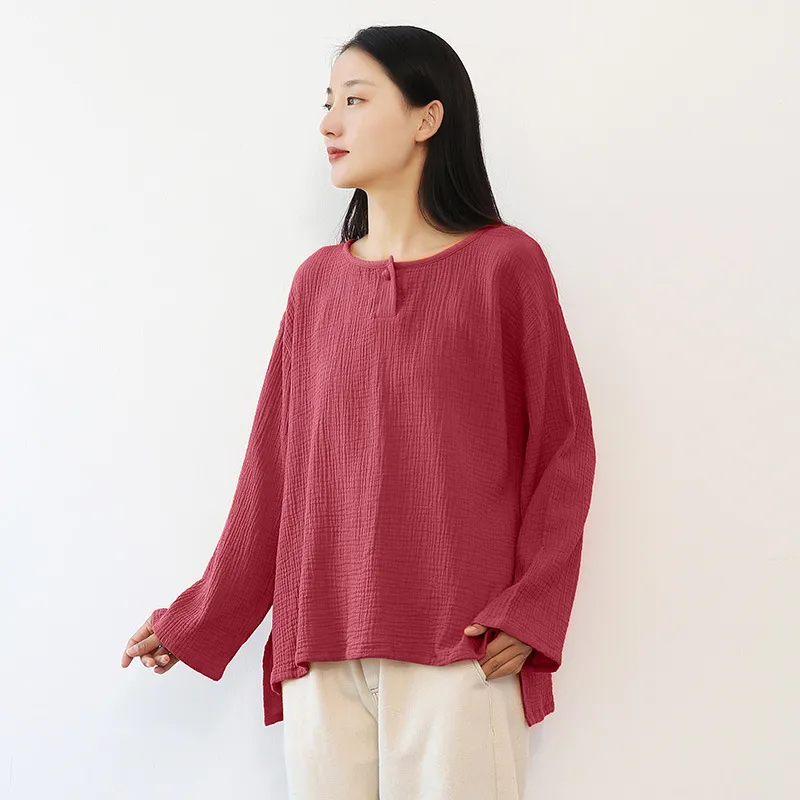 Johnature Women Vintage T-Shirts Long Sleeve Autumn O-Neck Solid Color Women Cloths Casual Double Cotton T-Shirts 210521