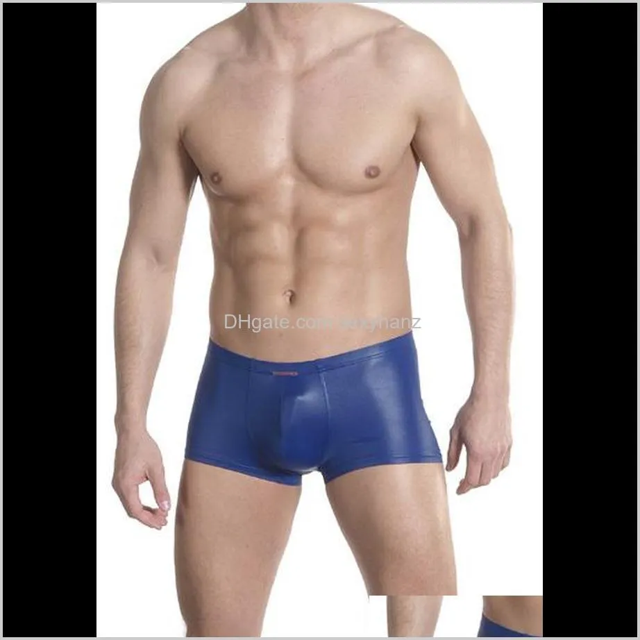 new boxers men sexy underwear faux leather latex boxer shorts elastic black convex pouch stretchable undershorts erotic panties