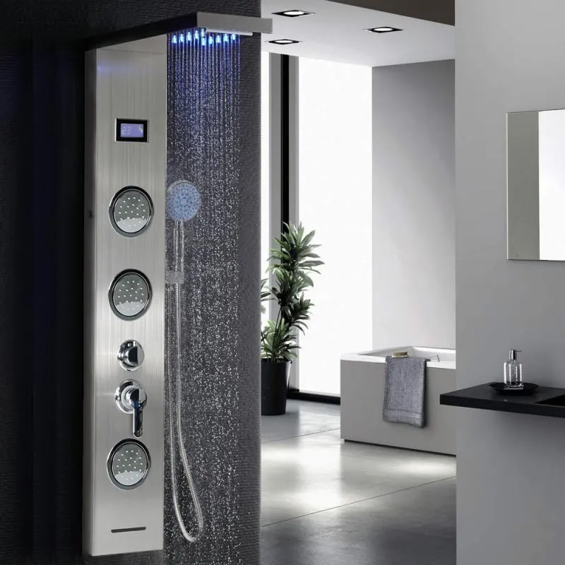 Banyo Duş Setleri Şerit LED Işık Musluk Spa Masaj Jet Sütun Sistemi Şelale Yağmur LCD Panel Bide Püskürtücü Musluk