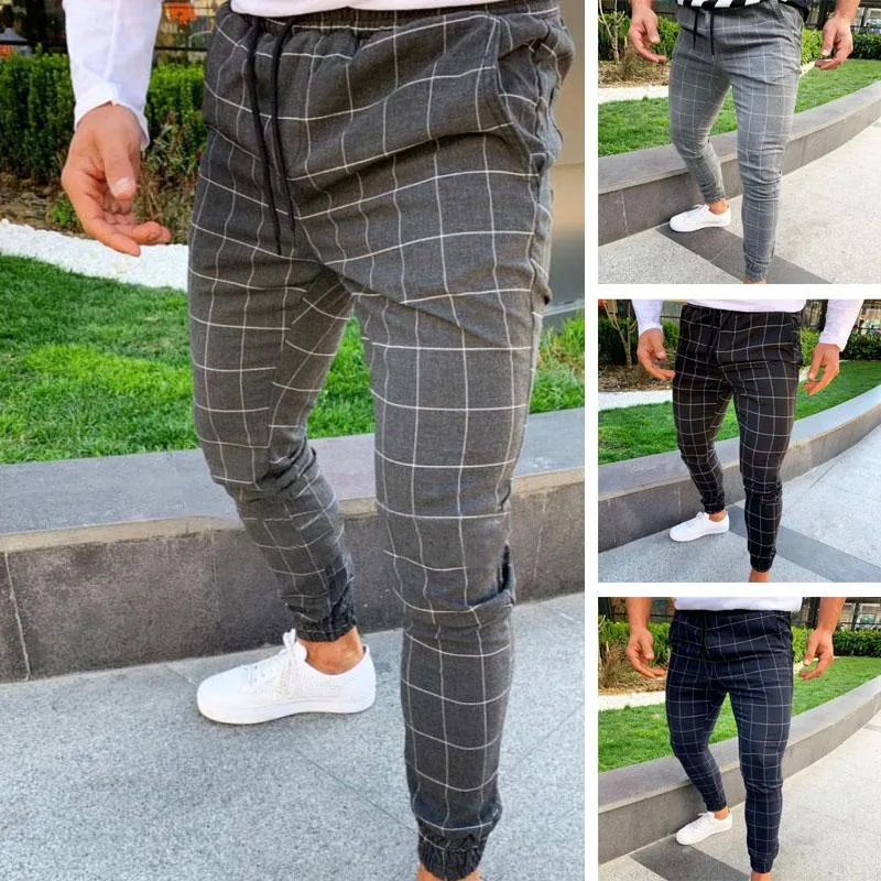 Calças masculinas 2021 primavera verão moda masculina casual skinny jogging joggers slim fit agasalho esporte suor xadrez calças K-