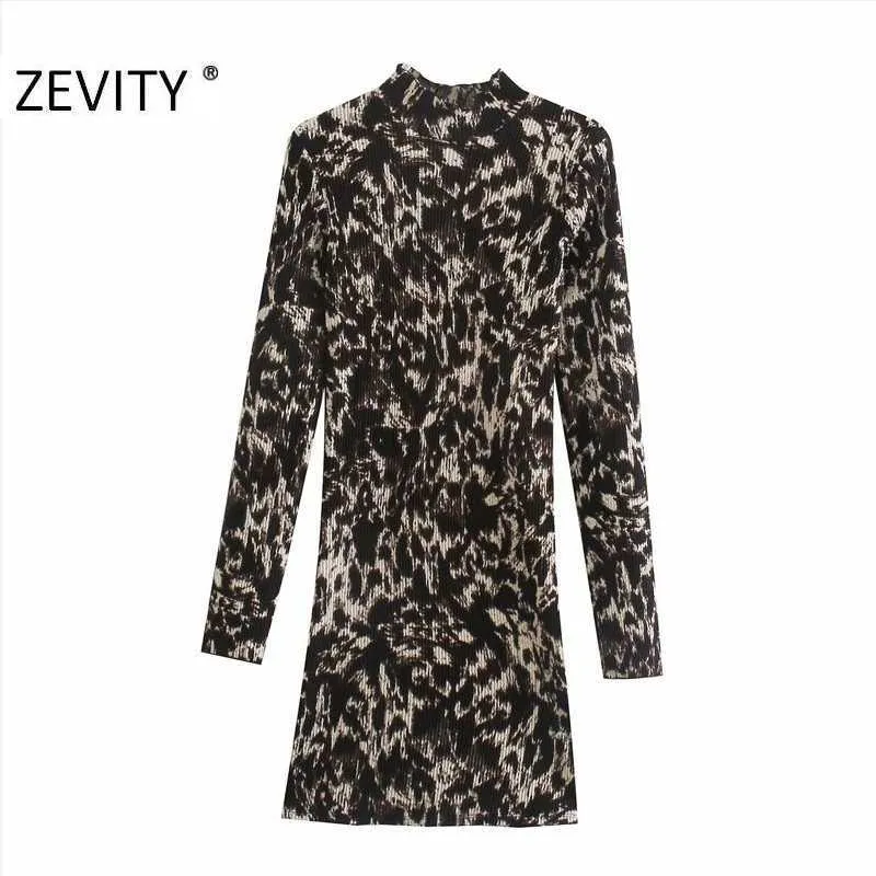 Zevity Women Vintage Stand Collar LeopardプリントスリムミニドレスFemme長袖プリーツvestidoシックパーティークロスDS4694 210603