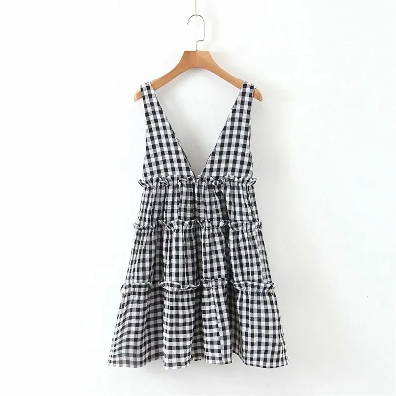 Women sexy deep v neck plaid print agaric lace sling mini Dress ladies sleeveless vest vestidos chic casual Dresses DS3527 210420