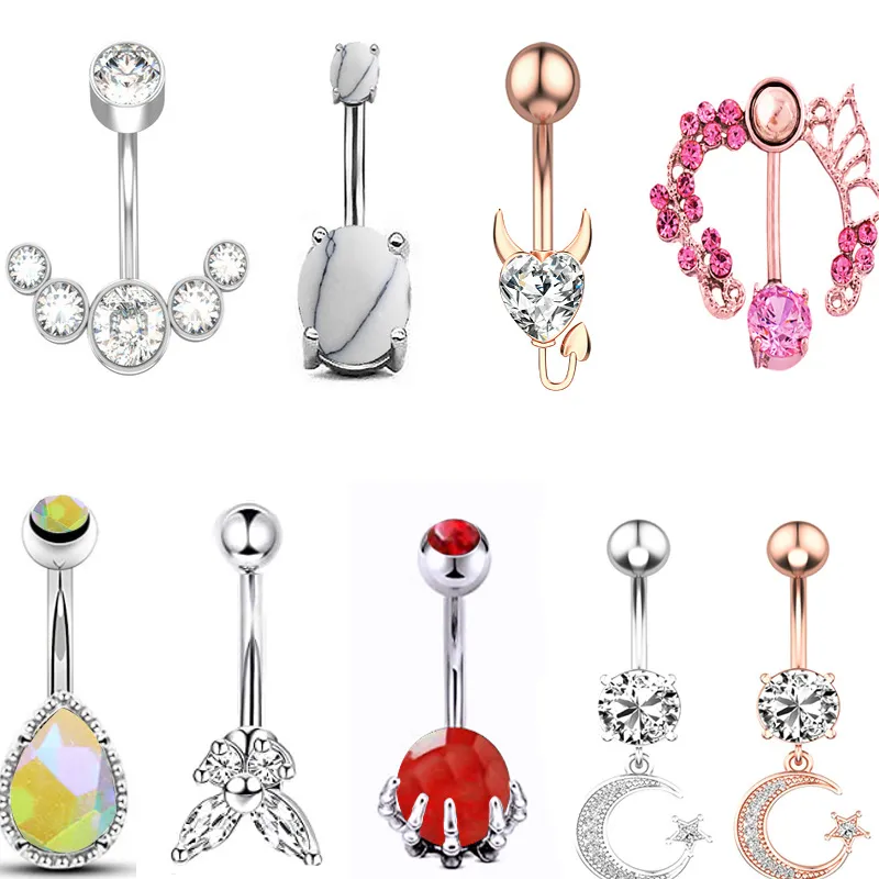 Rose blanc couleur cristal amour coeur nombril Piercing cloche bouton anneaux chirurgical en acier inoxydable pour les femmes mode été plage fête bijoux