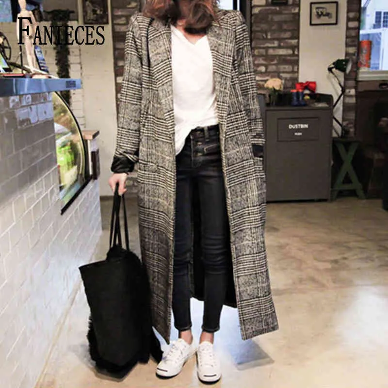 Ins fashion Winter Autumn Women gray Office Lady Long Houndstooth Coats Loose Oversized Wool Blend Casual Warm overCoat 210520