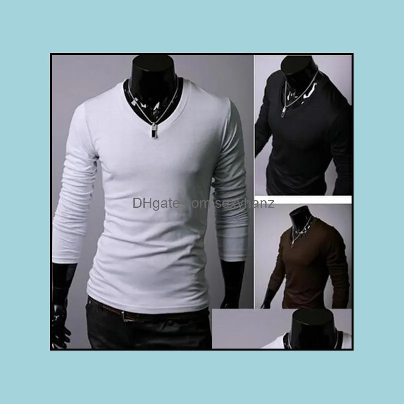 Men Basic T-shirt with Cotton V-Neck Long Sleeved Slim Fit Casual T-Shirt Tops Tee Black White Bray Brown Army Hot 4 size M L XL 2XL